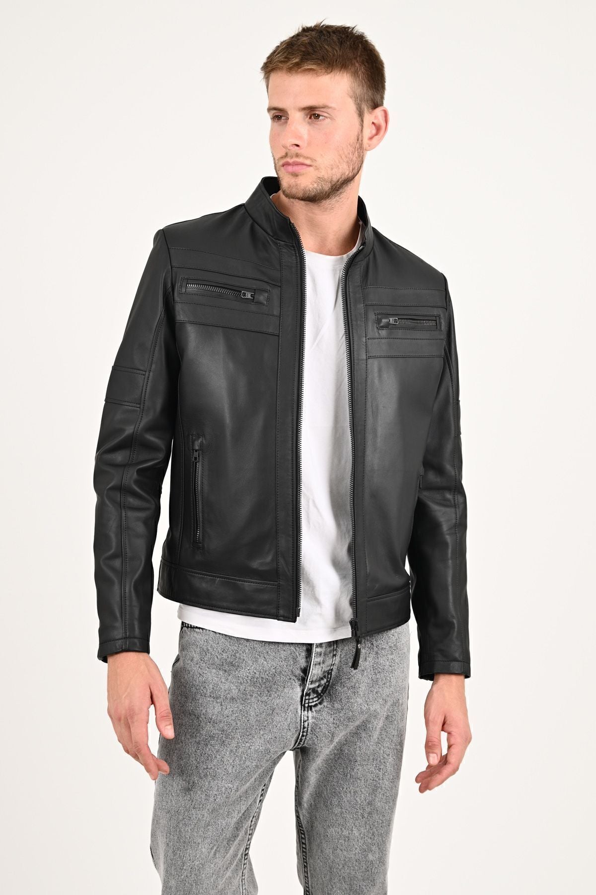 ALIN Beckham Men's Genuine Leather Stand Collar Leather Jacket Black - MALLTURK