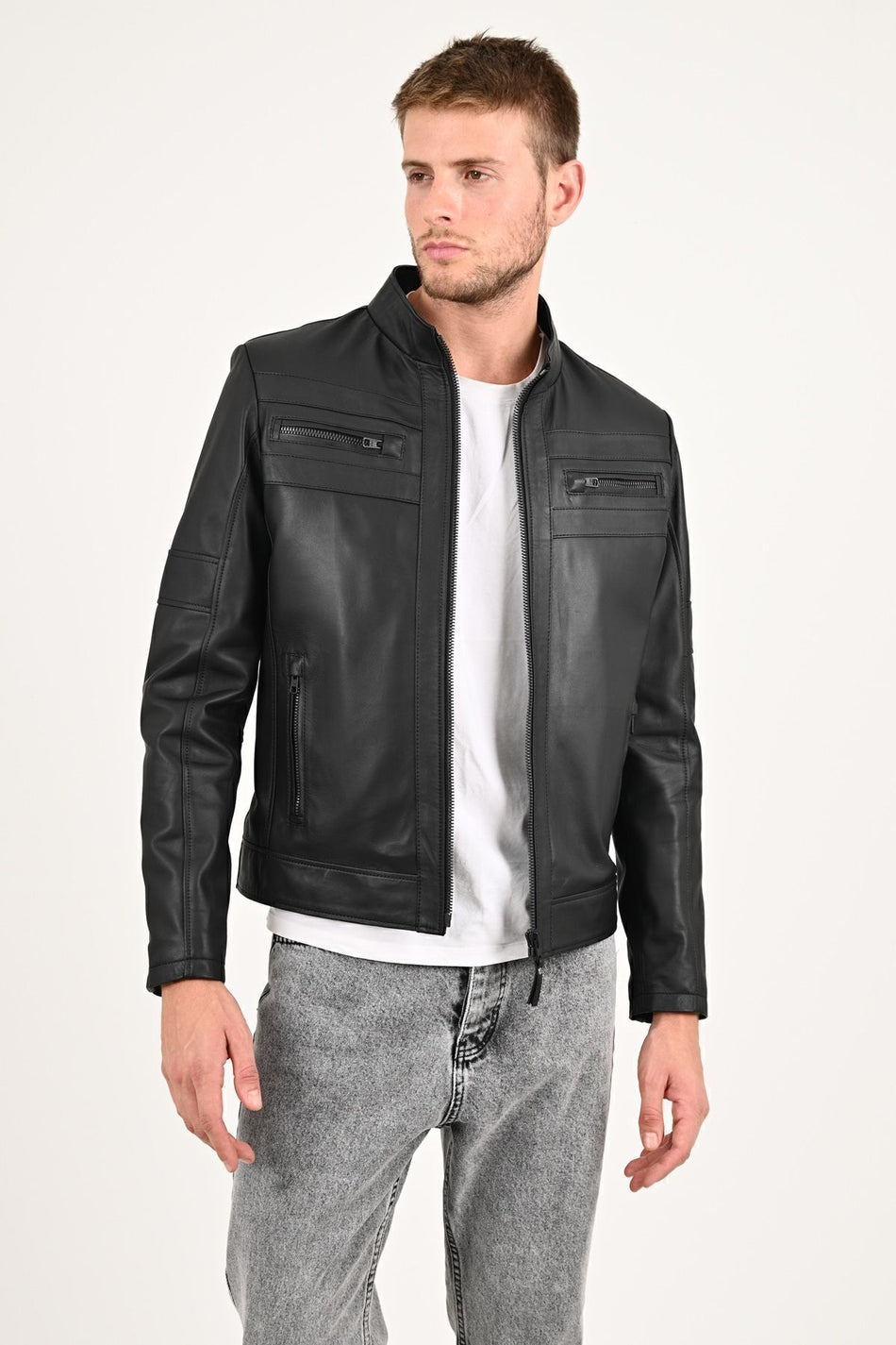 ALIN Beckham Men's Genuine Leather Stand Collar Leather Jacket Black