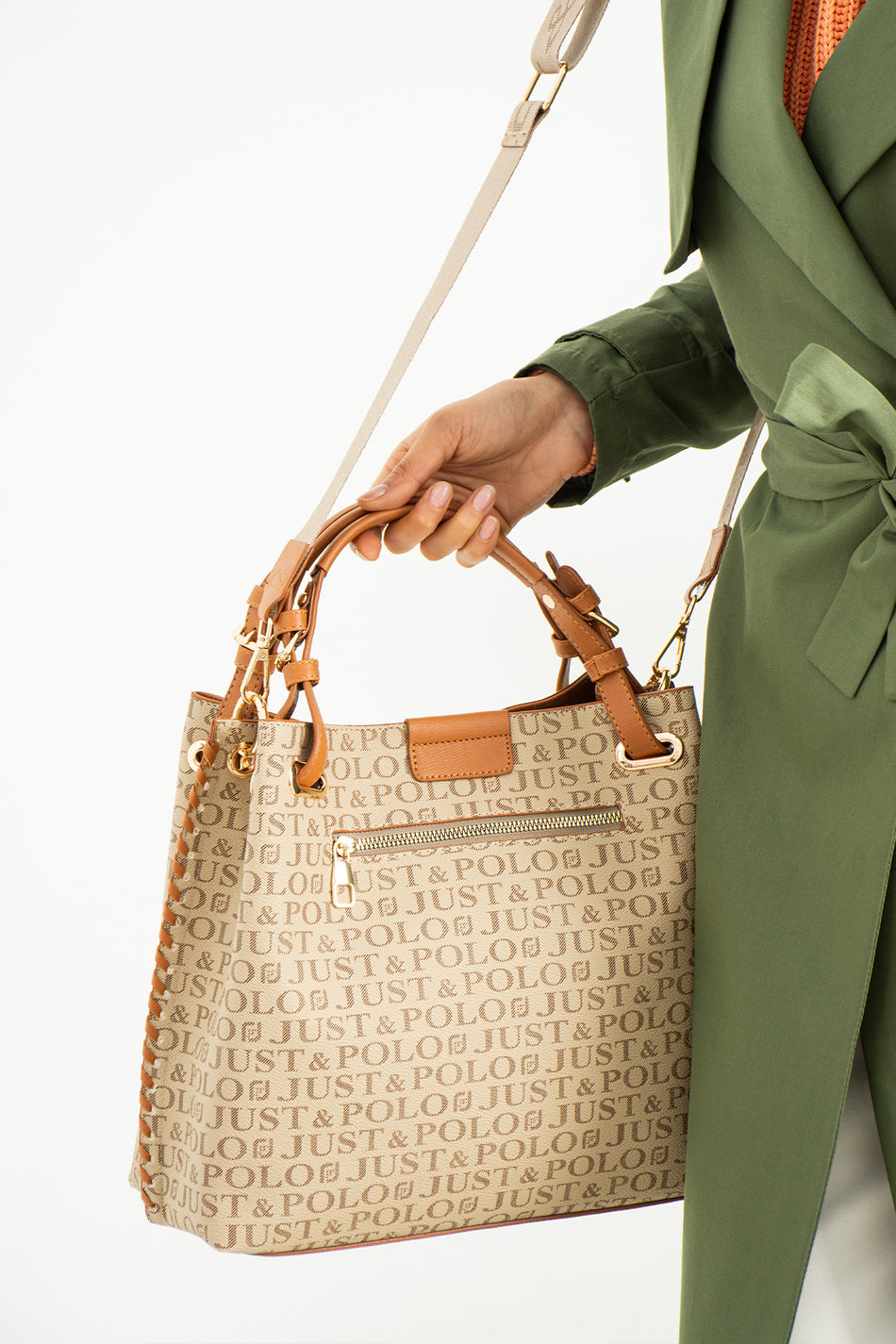 Just Polo Women's Cream and Tan Embossed Pattern Magnetic Snap Closure Handbag with Shoulder Strap