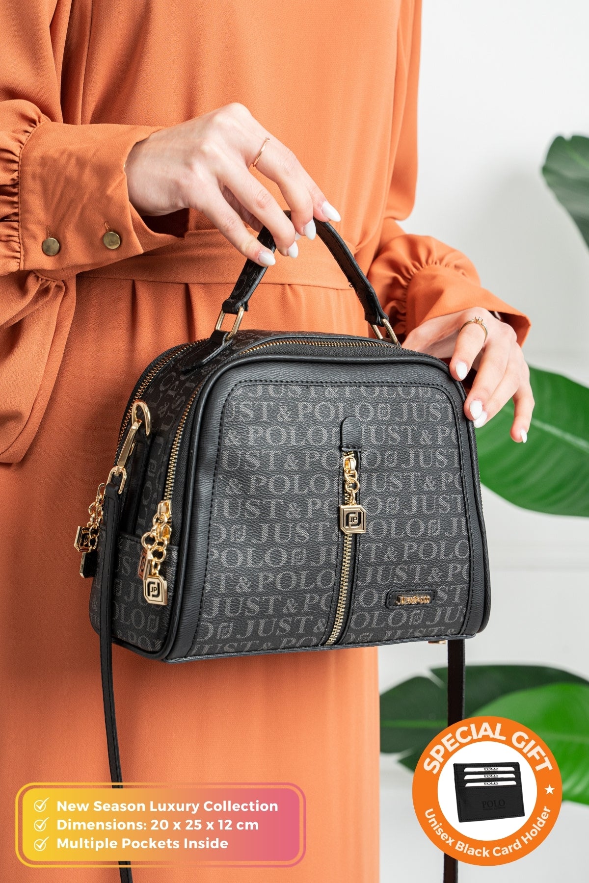 Just Polo Original Women's New Season Luxury Soft Leather Adjustable Crossbody Stylish Hand and Shoulder Bag Black - MALLTURK