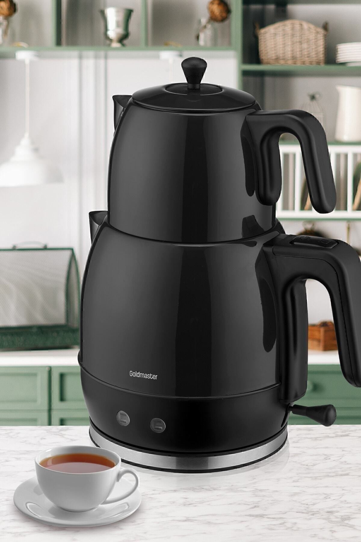 GoldMaster Fulya Black 30-Cup Large Capacity 2200 Watt Stainless Steel Tea Maker and Water Kettle - MALLTURK