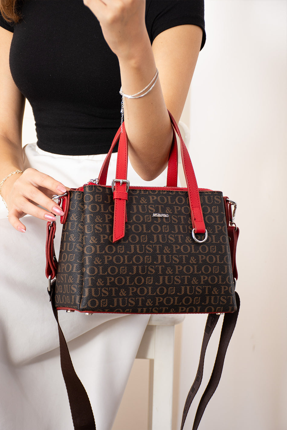 Just Polo Original Women's 3-Compartment Handbag and Shoulder Bag and Wallet Set Coffe Red