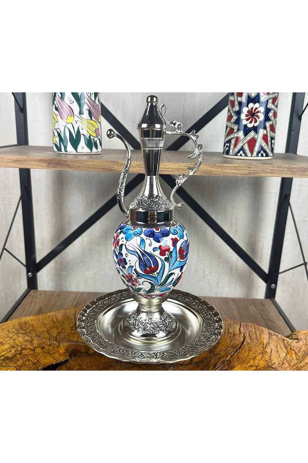 Cini Evi Blue Tulip Breeze Silver-Plated Iznik Tile Ewer Set - MALLTURK