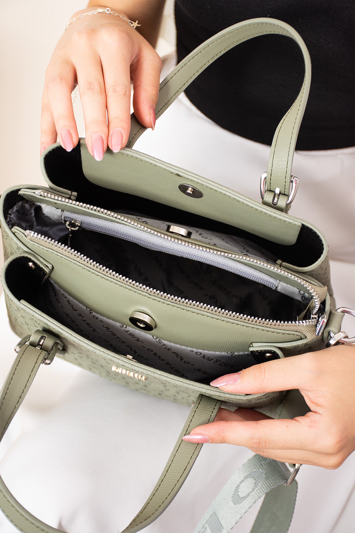Just Polo Women's Hand and Shoulder Bag, New Season, SIZE: Height 18 cm, Width 25 cm Color Green - MALLTURK