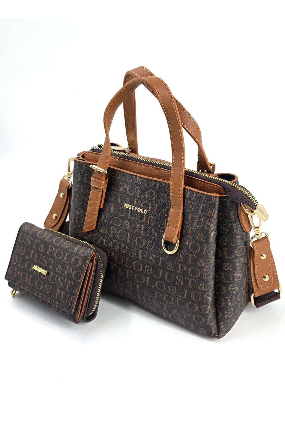 Just Polo Original Women's 3-Compartment Handbag and Shoulder Bag and Wallet Set Brown