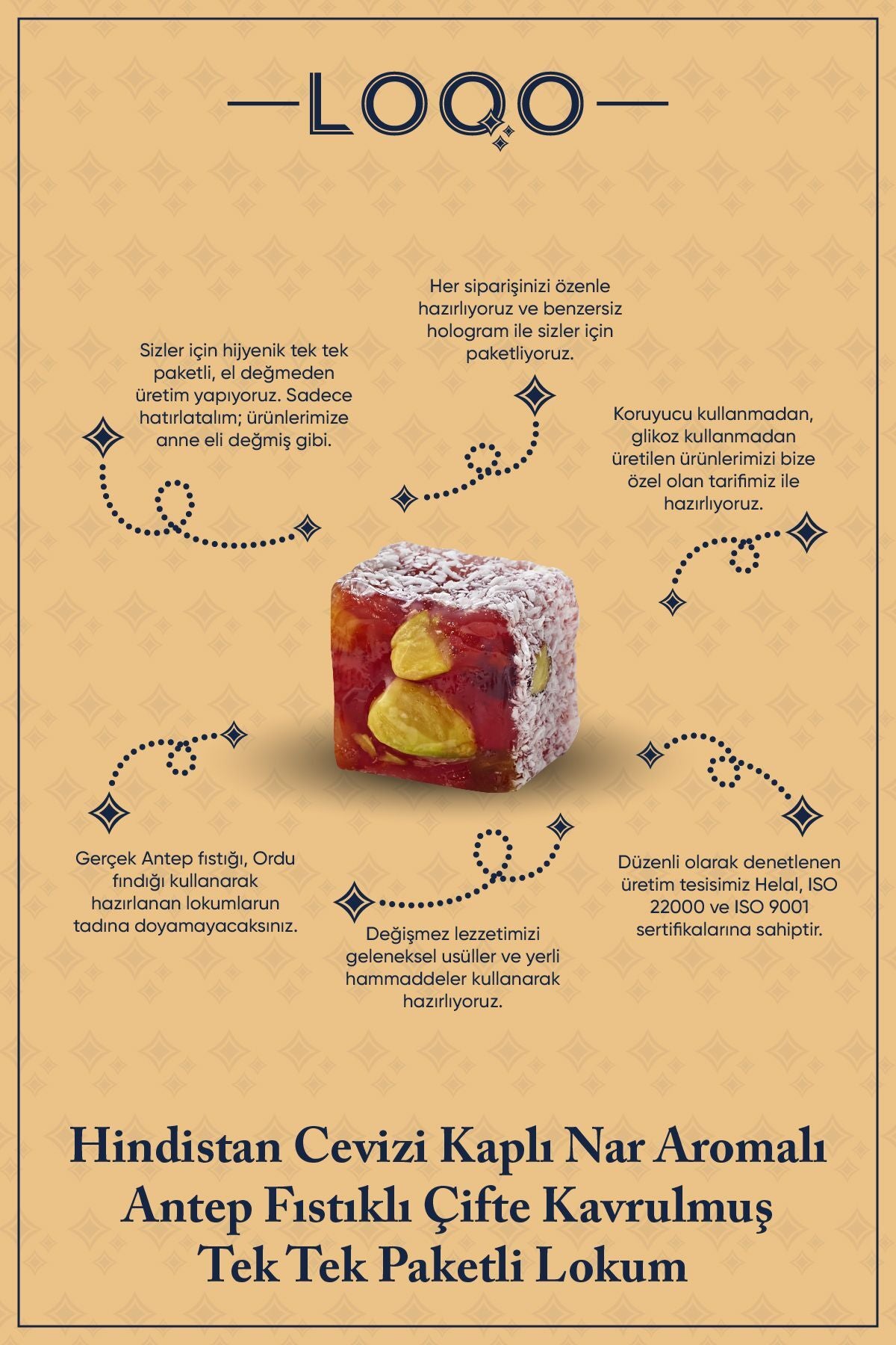 LOQO Pomegranate Flavored Flavored Pistachio Double Roasted Turkish Delight 1 kg tek tek paketli 1001