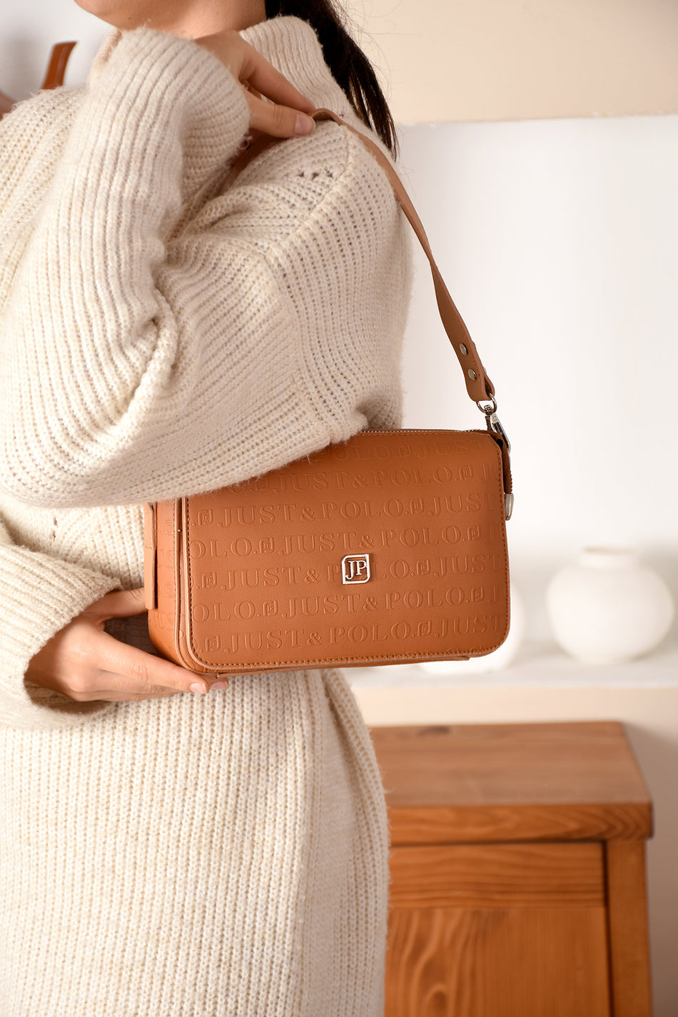 Just Polo Women's Embossed Print 5-Compartment Zipper Closure Shoulder Bag 4036-00 Tan - MALLTURK