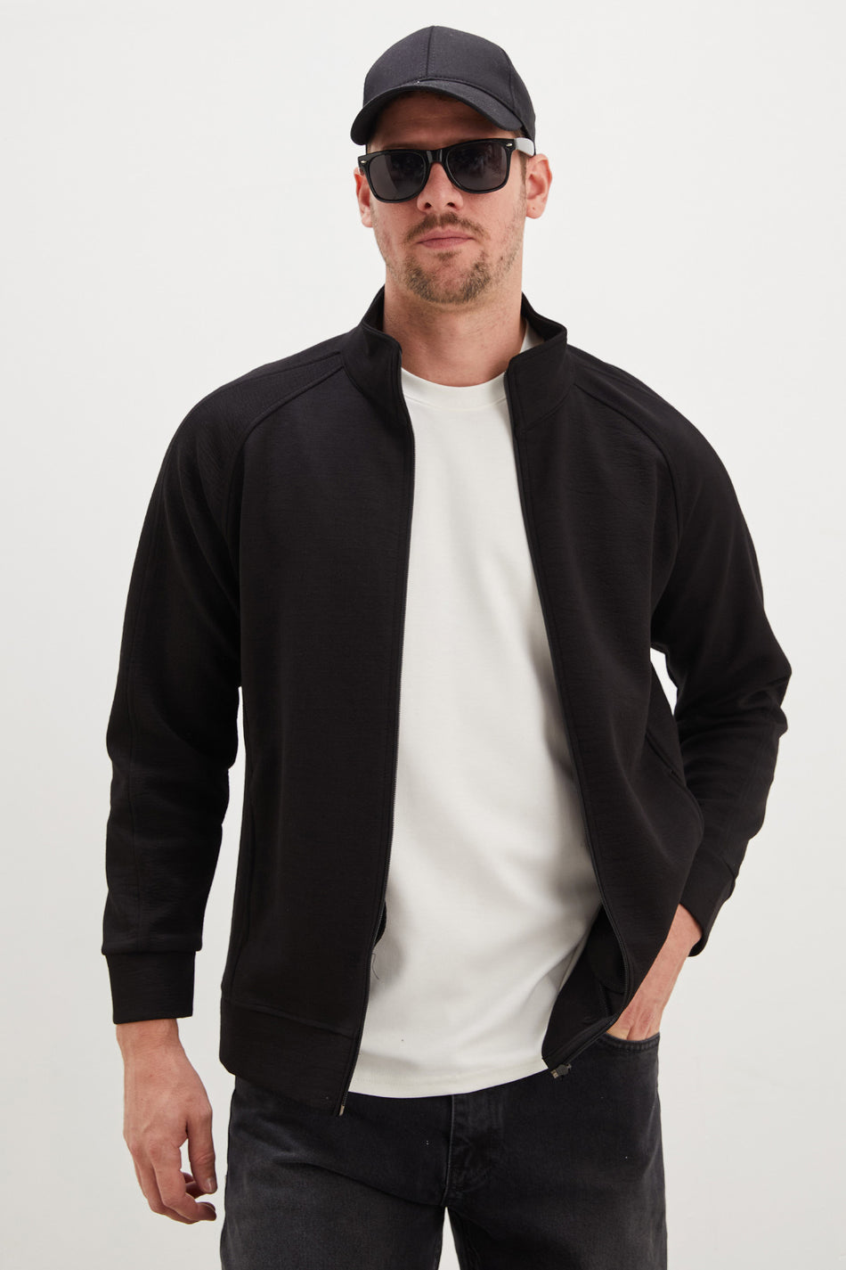 Zippered Stand Collar Pocket Regular Fit Jacket