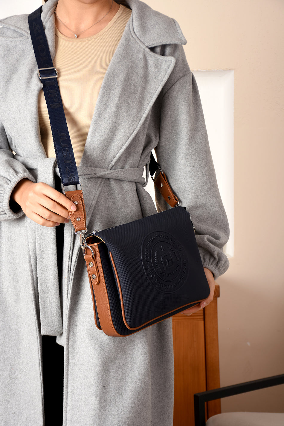 Just Polo Navy Blue & Tan Women's Shoulder & Messenger Bag - MALLTURK
