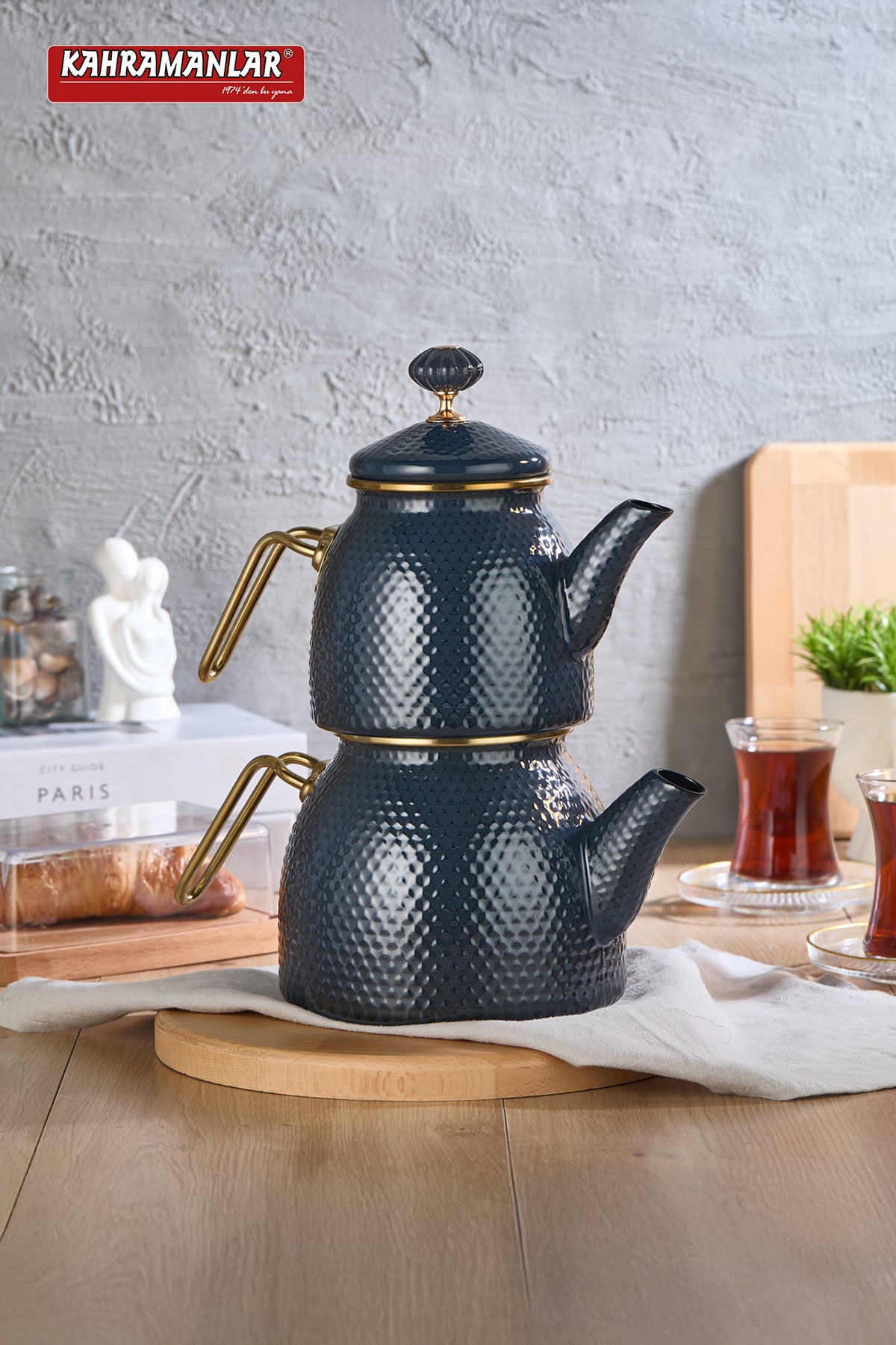 Kahramanlar Prime Anthracite Enamel Teapot Set - MALLTURK