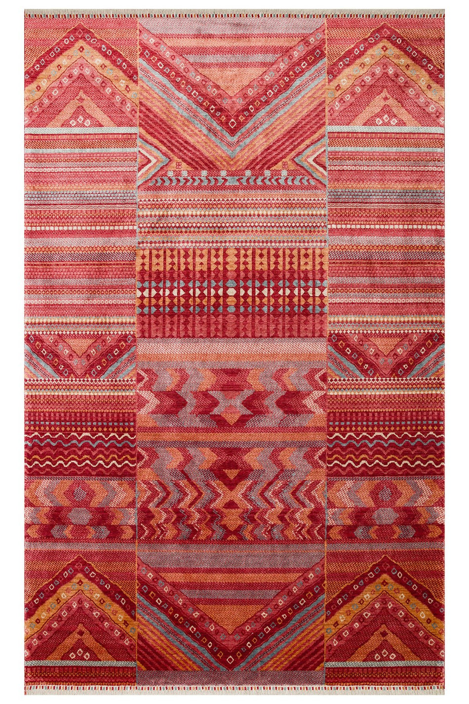Vog Hali Efsun Handmade Red Ethnic Geometric Pattern Lyocell Special Loom Fringed Living Room Rug - MALLTURK