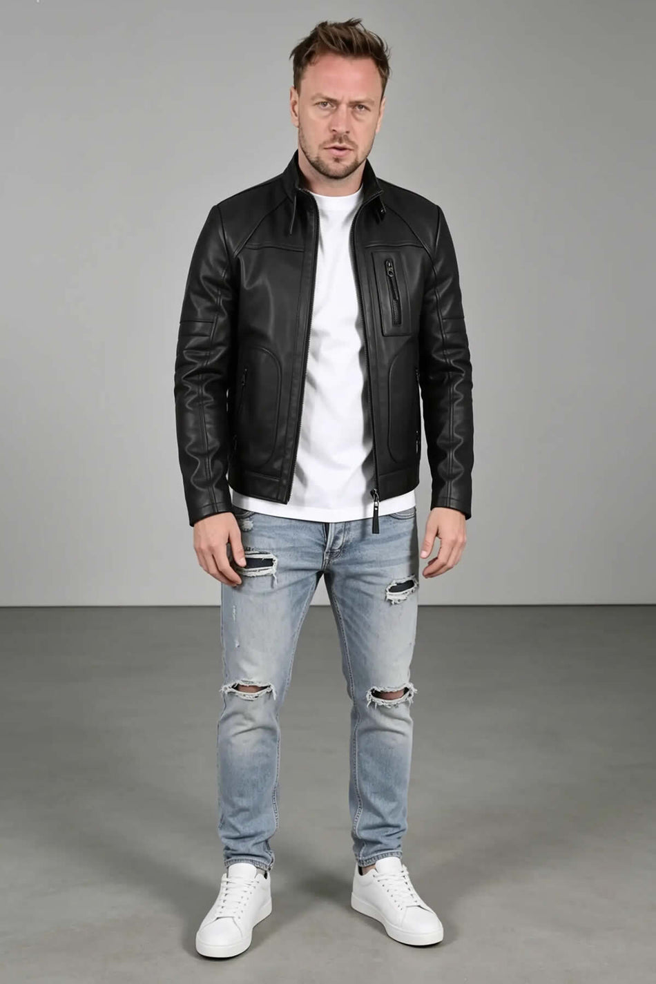 ALIN Theroux Men's Genuine Leather Relaxed Fit Leather Jacket Black