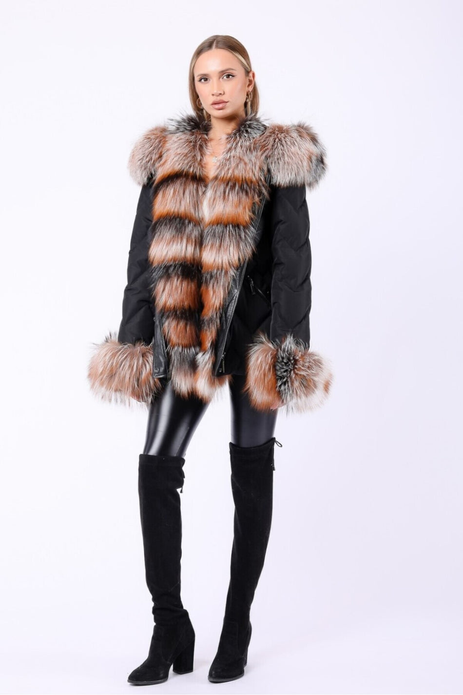 Leather Club Black Natural Fox Trimmed Fiber Puffer Coat