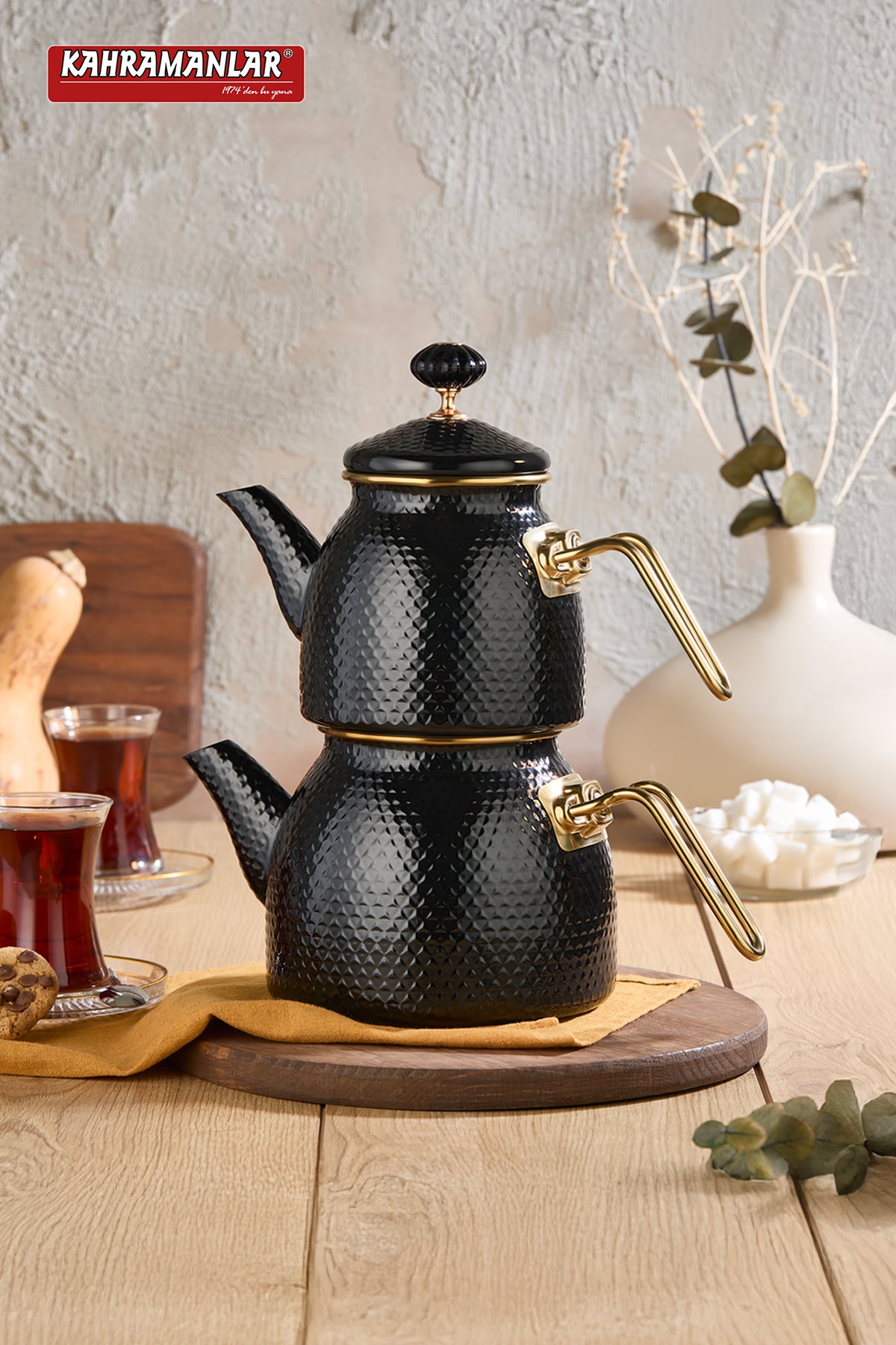 Kahramanlar Prime Black Enamel Teapot Set - MALLTURK