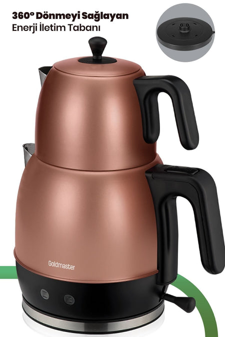 GoldMaster Fulya Gold 30-Cup Large Capacity 2200 Watt Stainless Steel Tea Maker and Water Kettle - MALLTURK