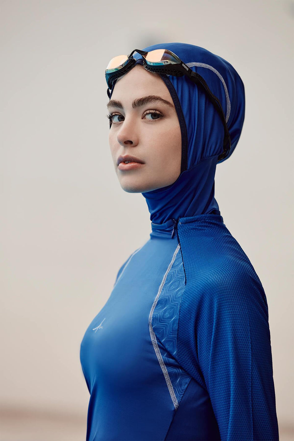 Hasema Performance Series 5-Piece Hidden Zipper Shoulder Detail Navy Blue Lycra Modest Swimsuit Set - MALLTURK