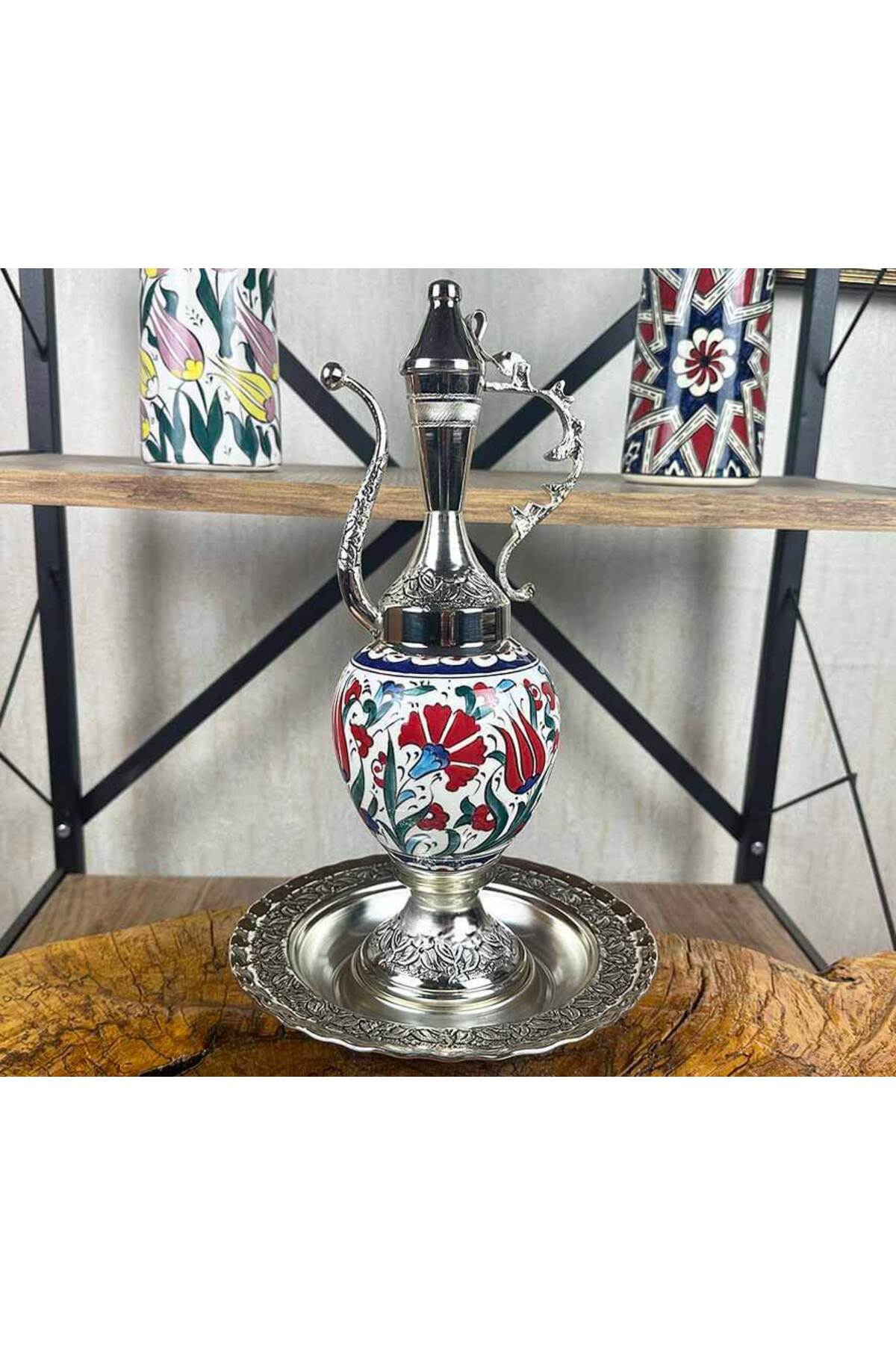 Cini Evi Red Tulip and Carnation Patterned Silver-Plated Iznik Tile Ewer Set - MALLTURK