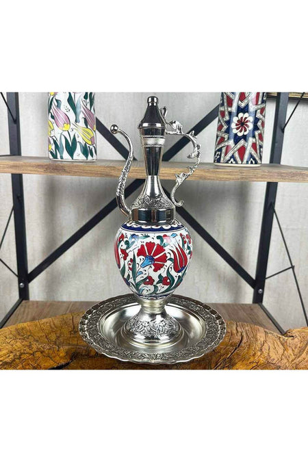 Cini Evi Red Tulip and Carnation Patterned Silver-Plated Iznik Tile Ewer Set - MALLTURK