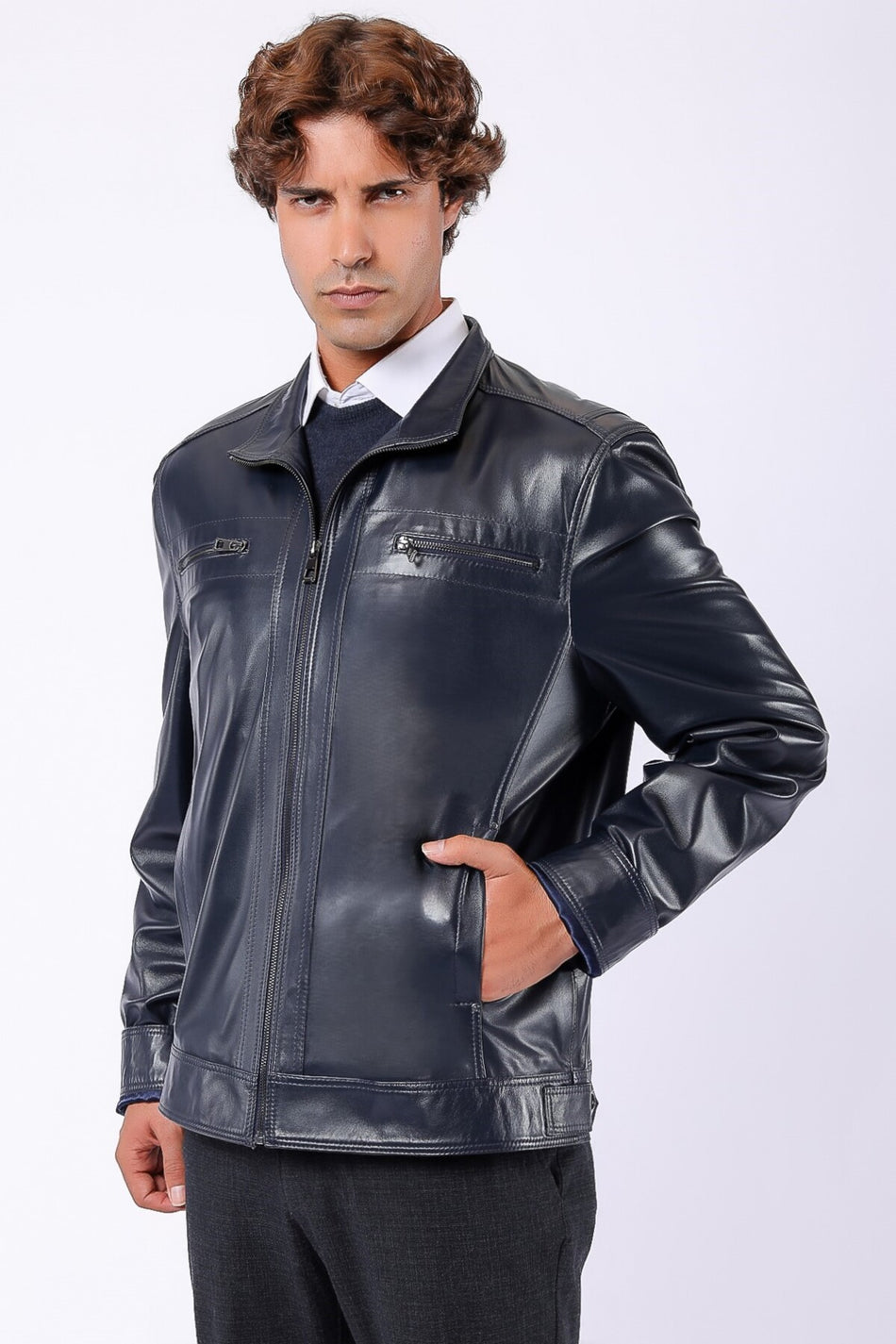 Куртка из натуральной кожи тёмно-синего цвета от Leather Club