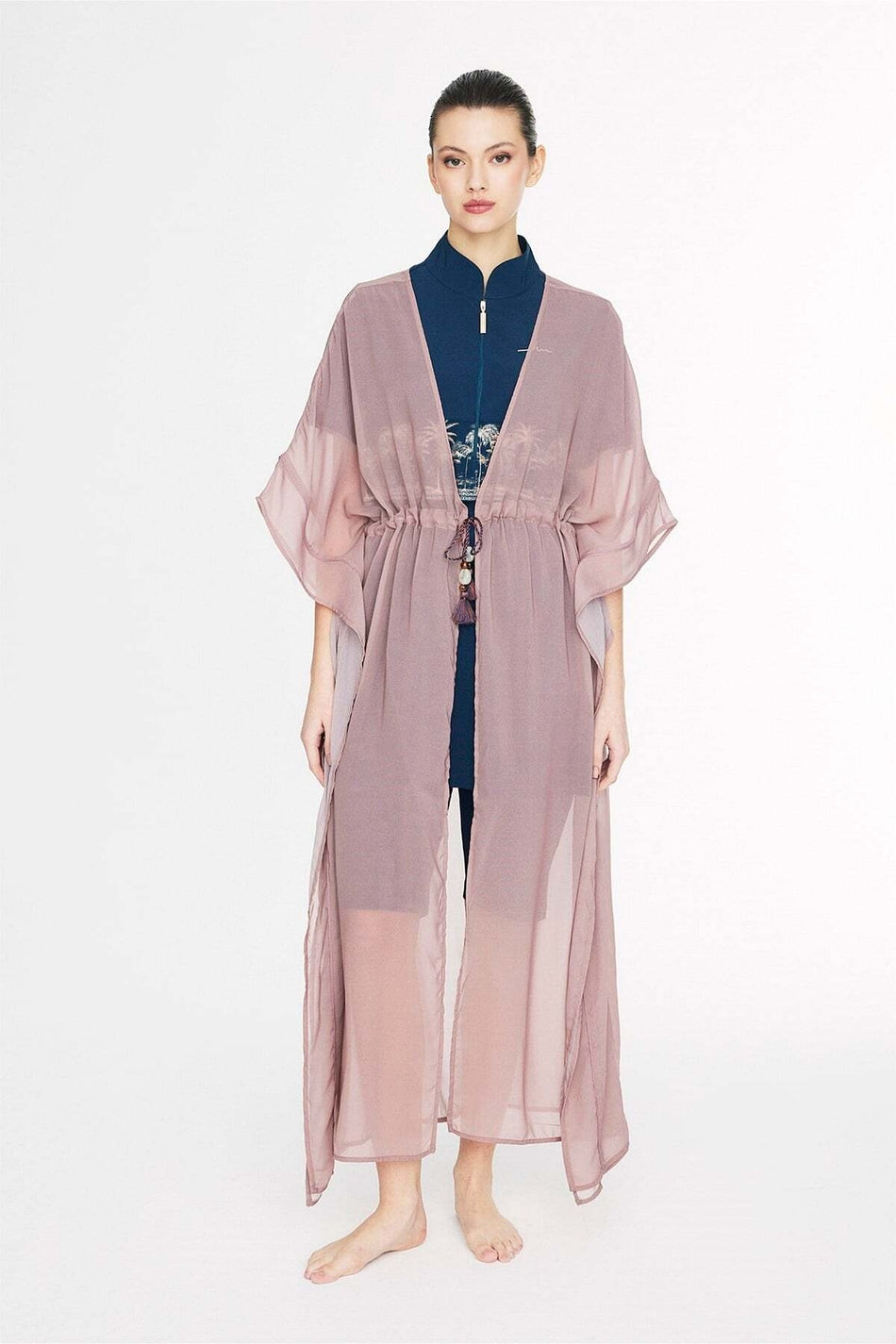 Hashema Tie Detail Powder Pink Long Tulle Pareo 1017