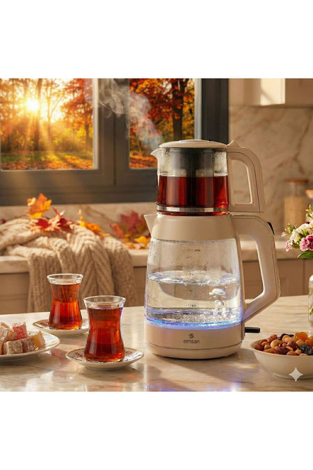 Karaca EMSAN 1900 Watt 3.1 Liter Large Capacity 2-in-1 Glass Tea Maker and Kettle with Keep Warm Function - MALLTURK