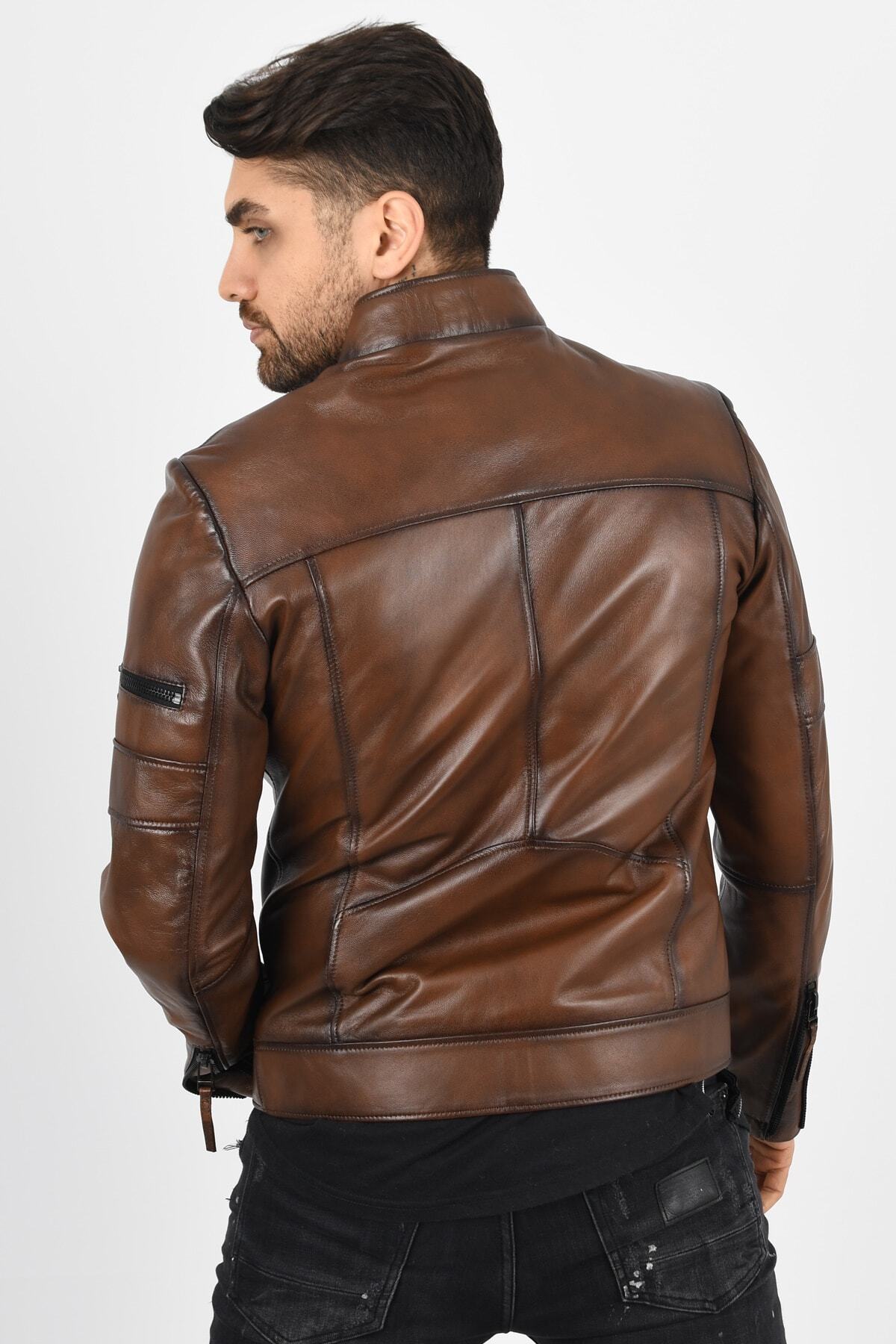 ALIN Men's Shaded Brown Leather Jacket - MALLTURK