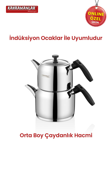Kahramanlar Deluxe Medium Size Black 4-Piece Stainless Steel Teapot Set - MALLTURK