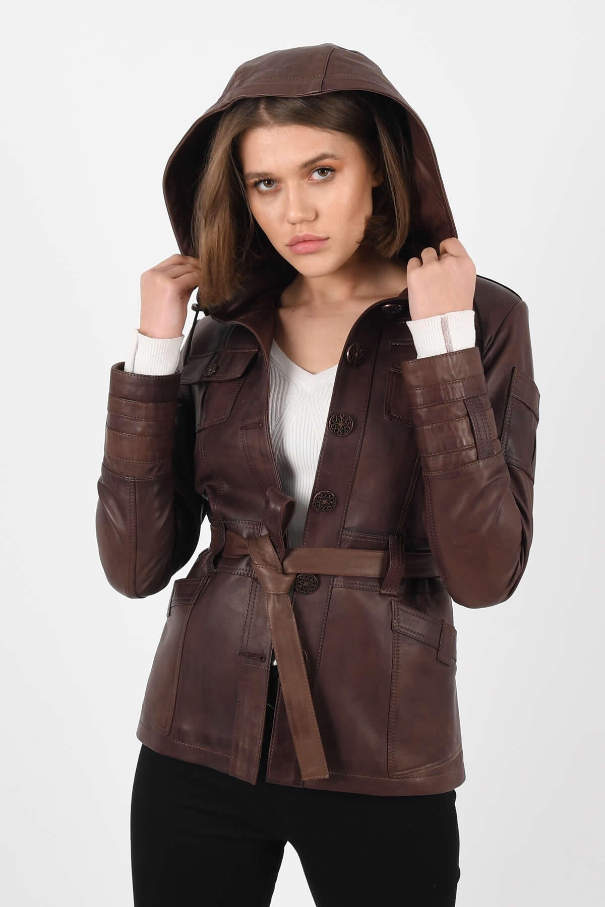 ALIN Sansa Women's Genuine Leather Hooded Belted Leather Jacket Brown - MALLTURK