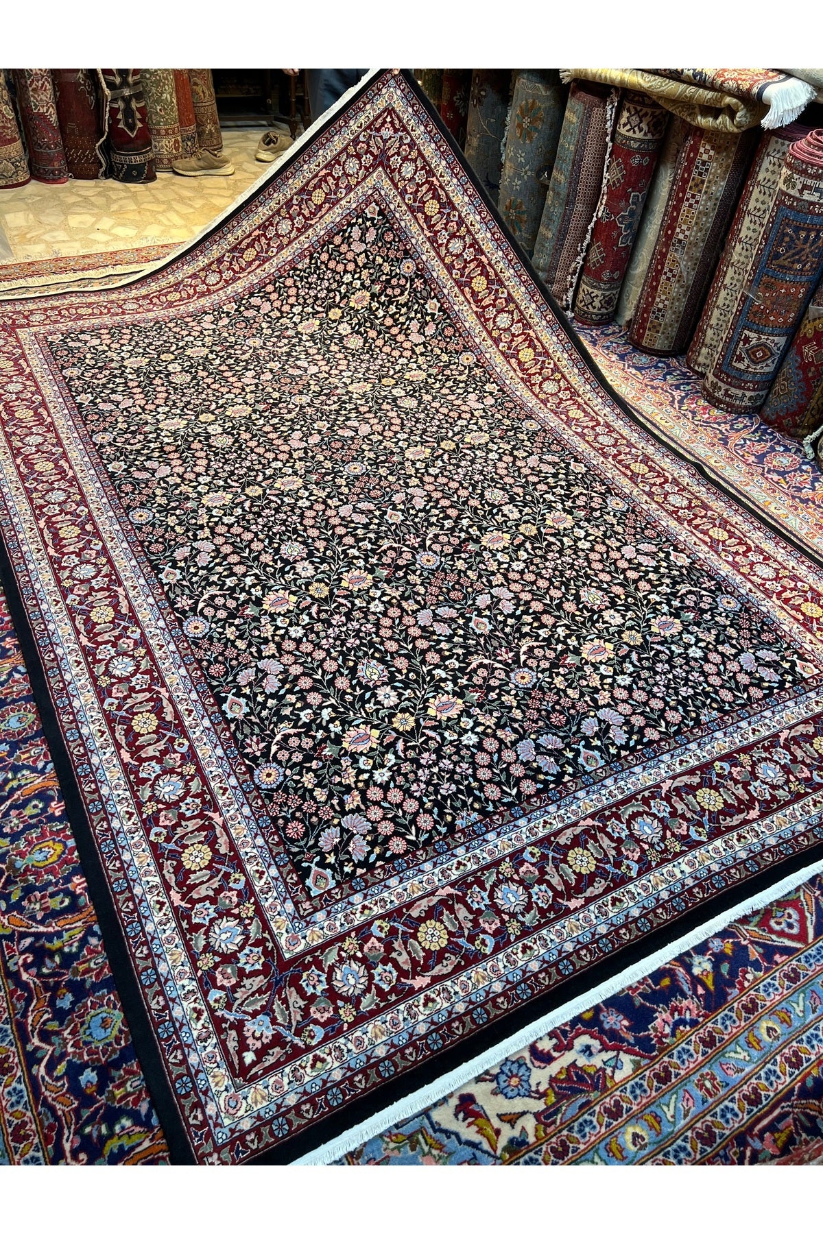 RD RAMAZAN DAG Hand Rug Art Hand-Woven Hereke Rug Signed Seven Mountains Flower Black Color Premium Quality Size 296x200 - MALLTURK