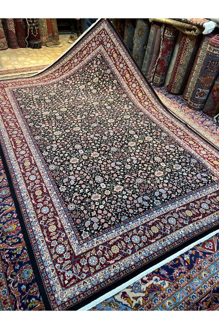 RD RAMAZAN DAG Hand Rug Art Hand-Woven Hereke Rug Signed Seven Mountains Flower Black Color Premium Quality Size 296x200 - MALLTURK