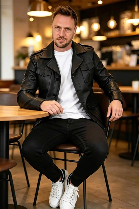 ALIN Harrison Men's Genuine Leather Safari Leather Jacket Black - MALLTURK