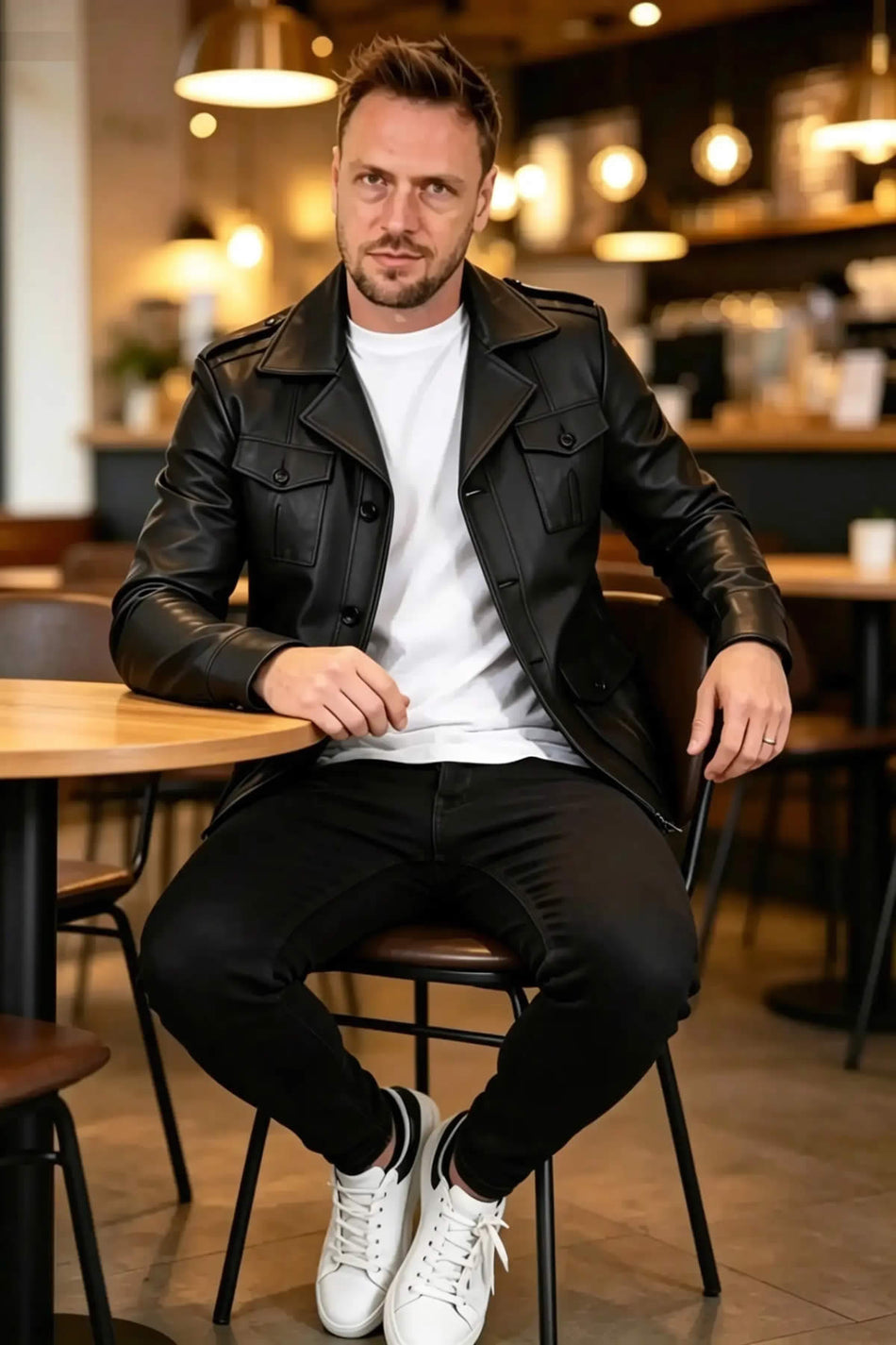 ALIN Harrison Men's Genuine Leather Safari Leather Jacket Black