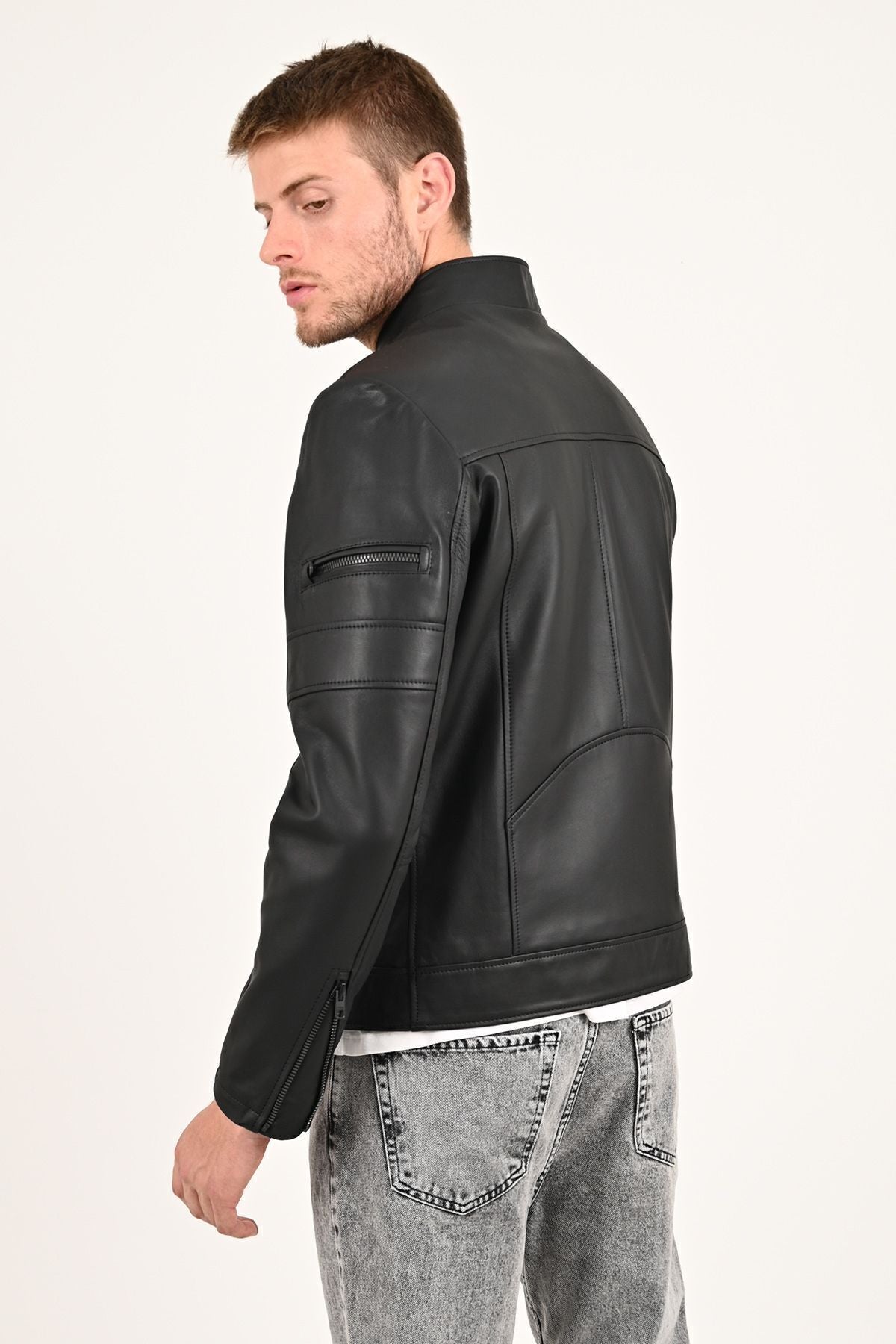 ALIN Beckham Men's Genuine Leather Stand Collar Leather Jacket Black - MALLTURK