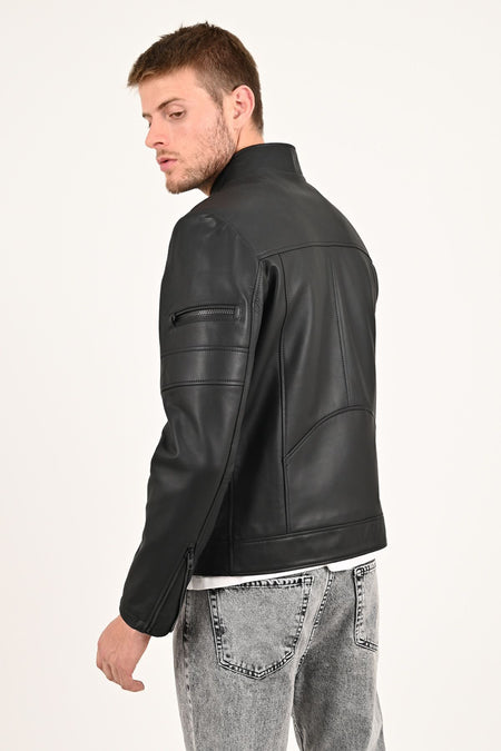 ALIN Beckham Men's Genuine Leather Stand Collar Leather Jacket Black - MALLTURK
