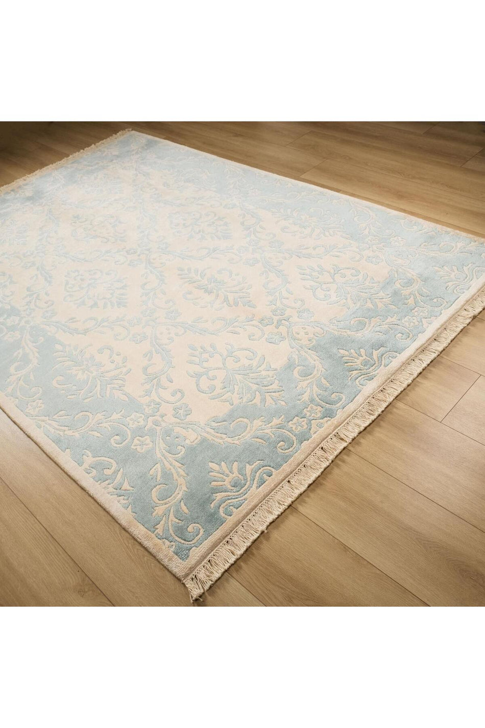 Halicizade Fiber Series Damask Pattern Handwoven Carpet - Fiber Beige Blue Border - MALLTURK
