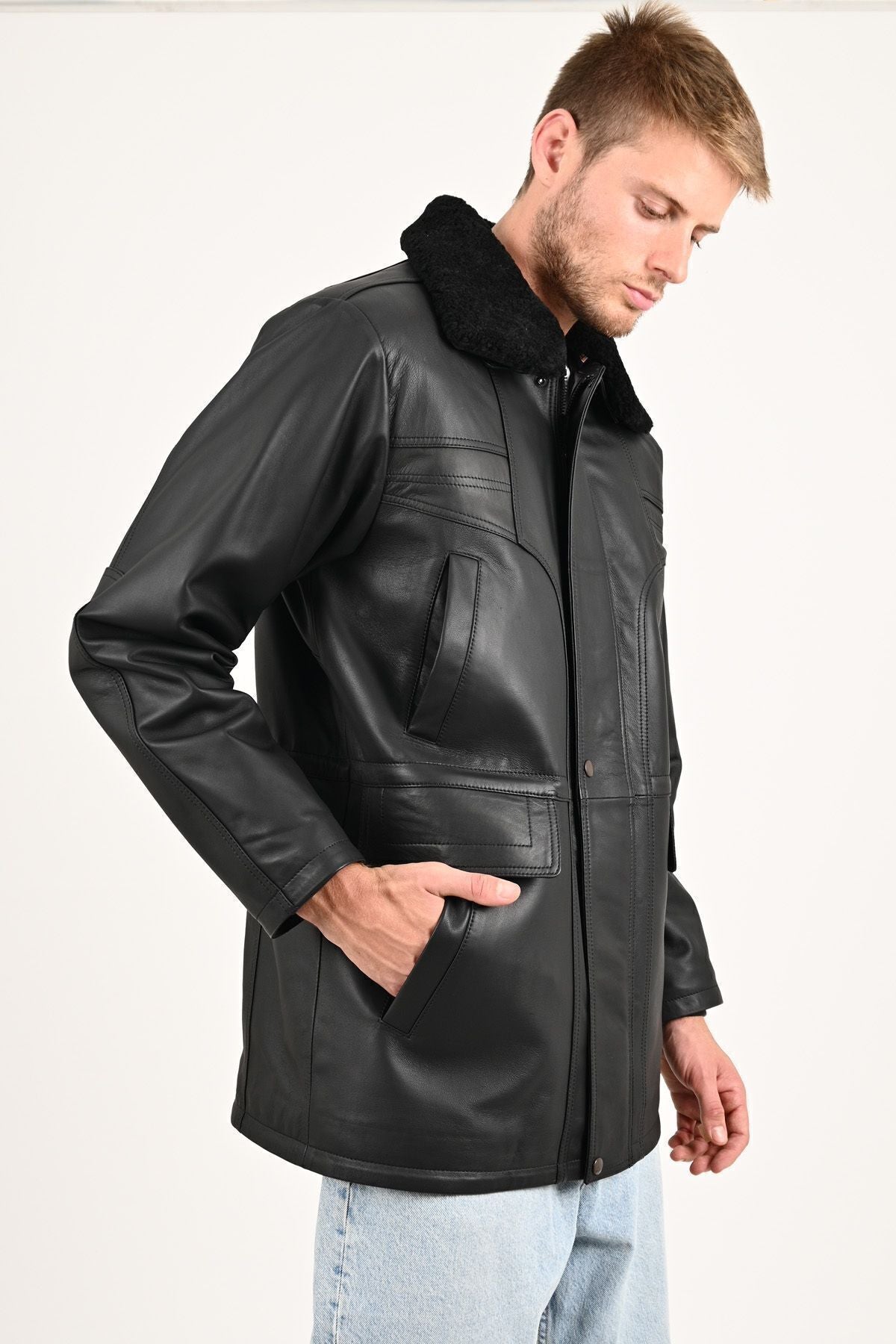 ALIN Tarkan Men's Genuine Leather Fur Collar Leather Coat Black - MALLTURK