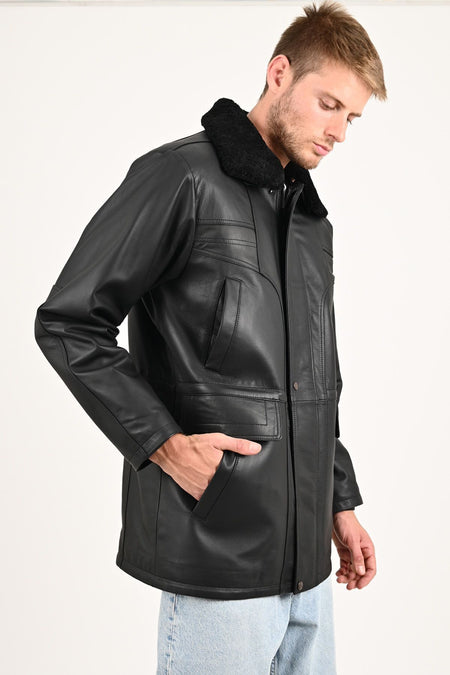 ALIN Tarkan Men's Genuine Leather Fur Collar Leather Coat Black - MALLTURK