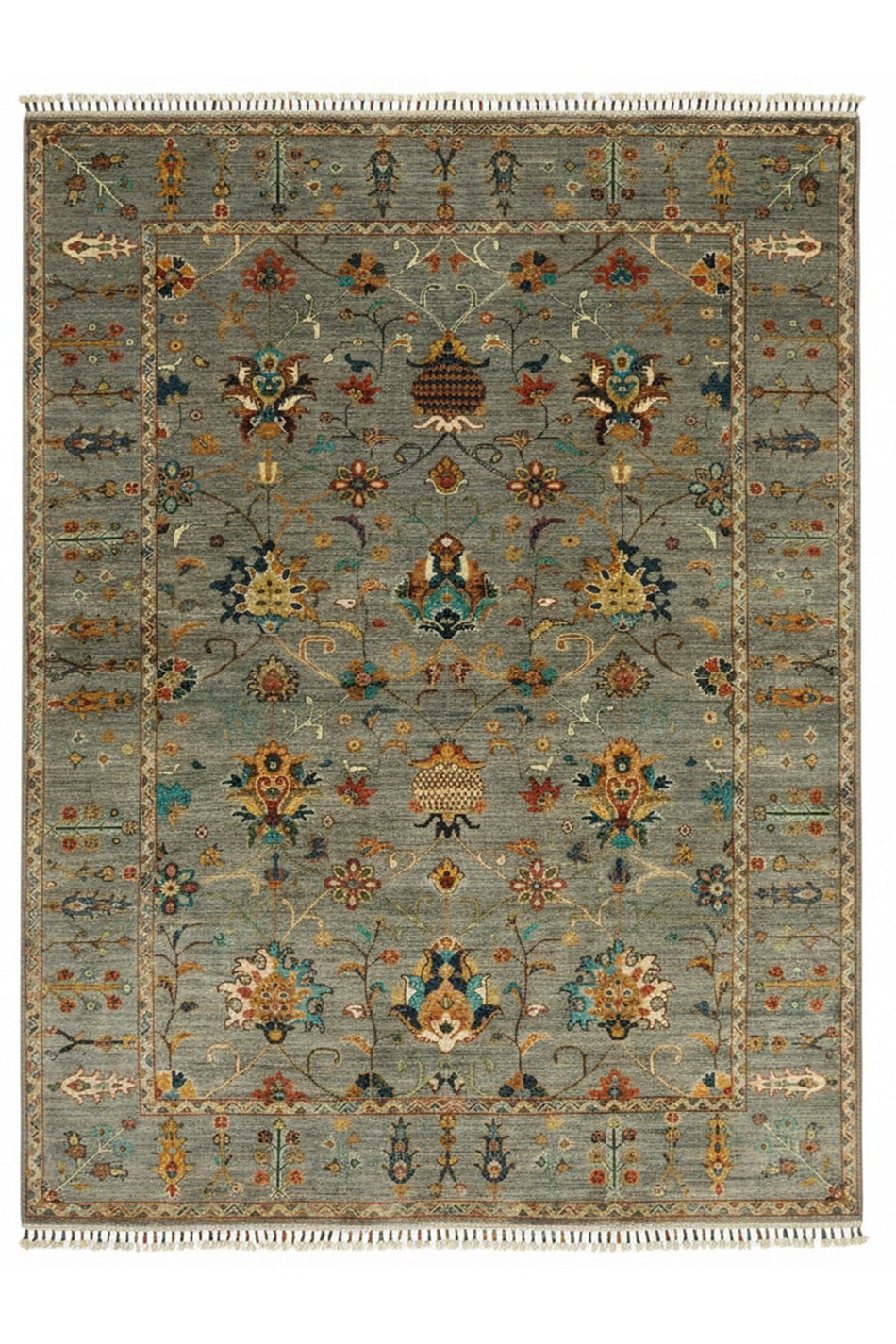 Vog Sultani Handmade Blue-Gray Patterned Fringed Anatolian Motif Modern and Traditional Living Room Rug - MALLTURK