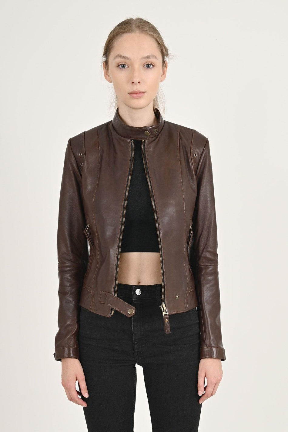 ALIN Rio Women's Genuine Leather Short Fit Leather Jacket Brown