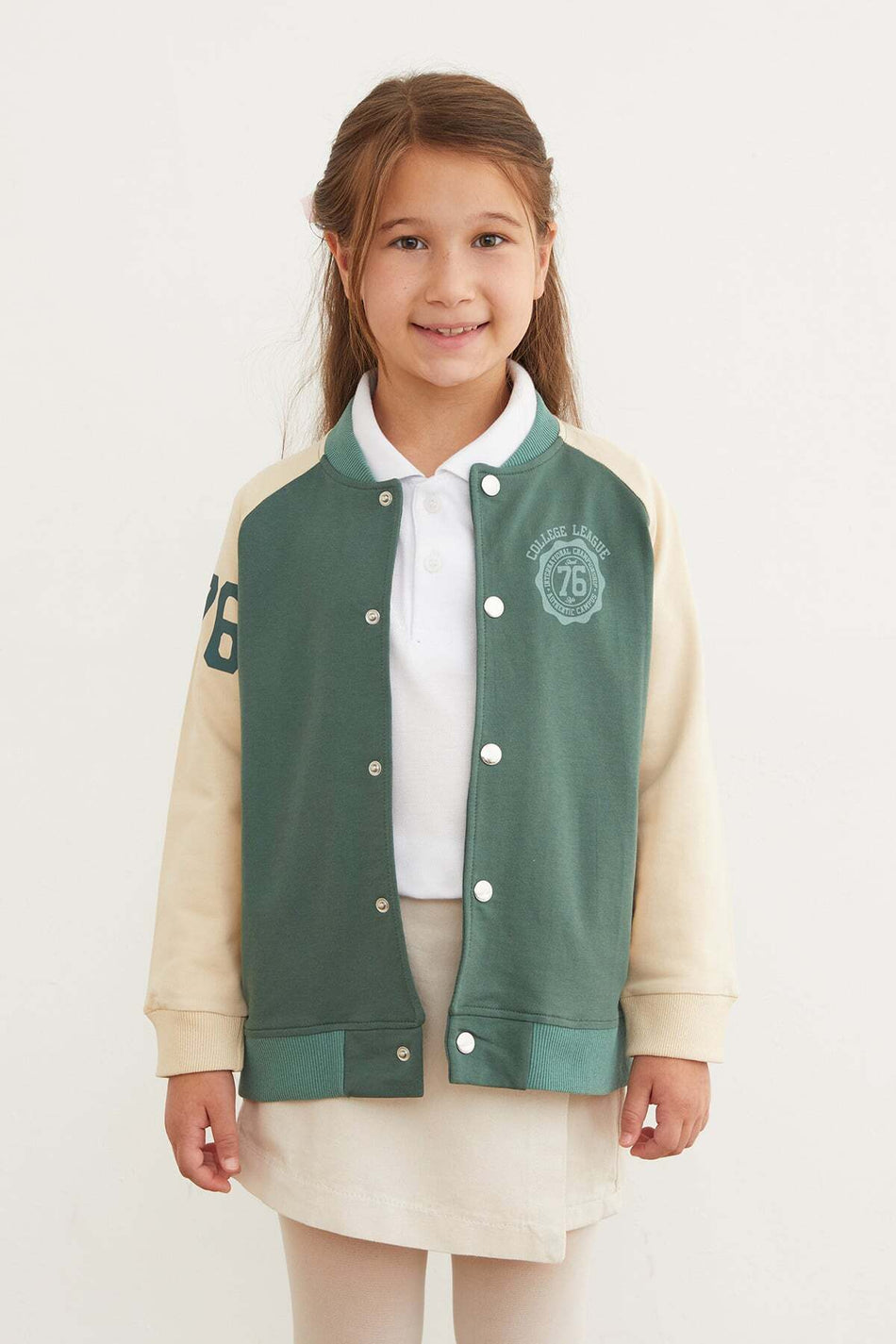 Printed Stand Collar Girl's College Jacket
