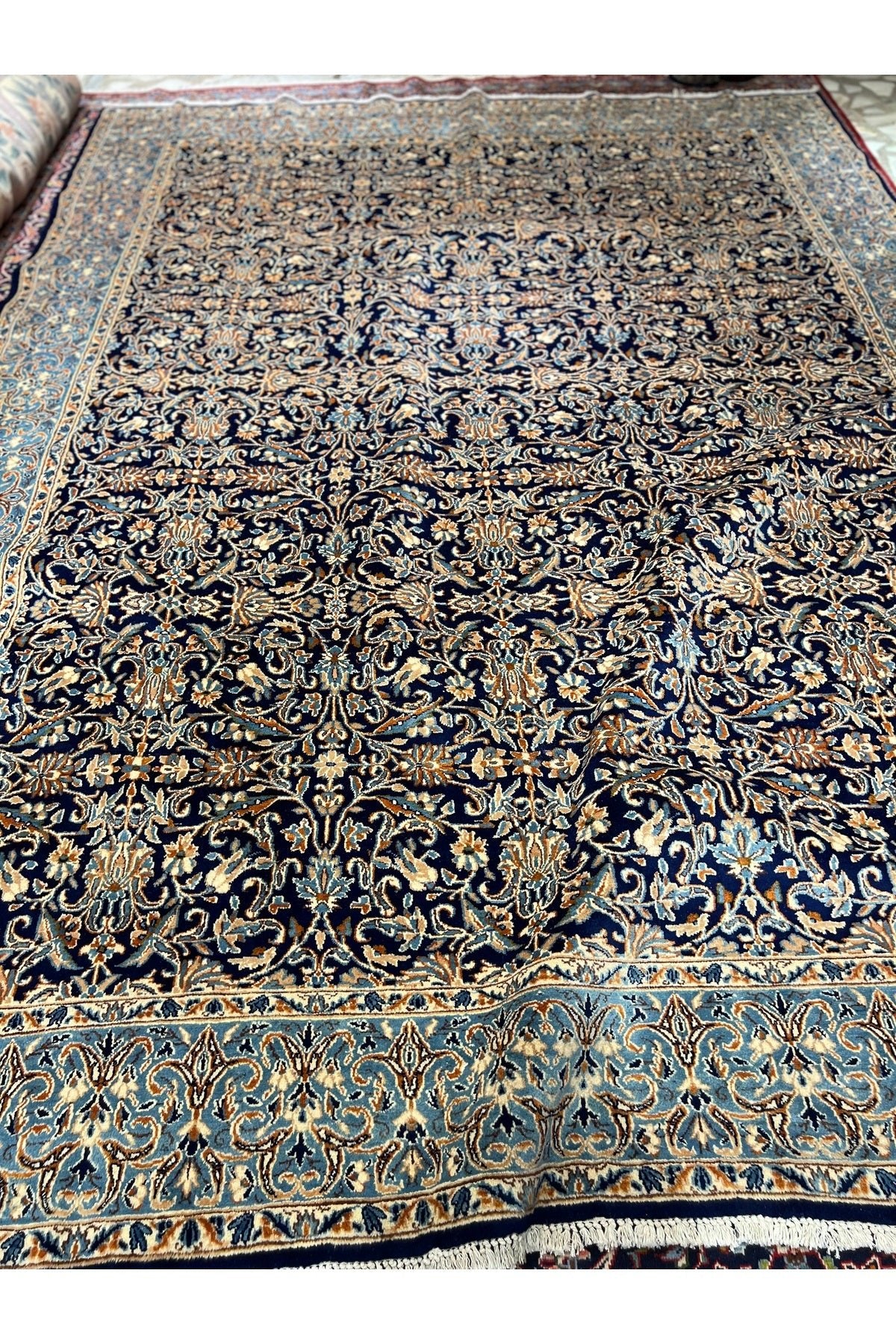 RD RAMAZAN DAG Hand Rug Art Hand-Woven Iranian Kirman Laver Rug Premium Quality Navy Color Size 355x267 - MALLTURK