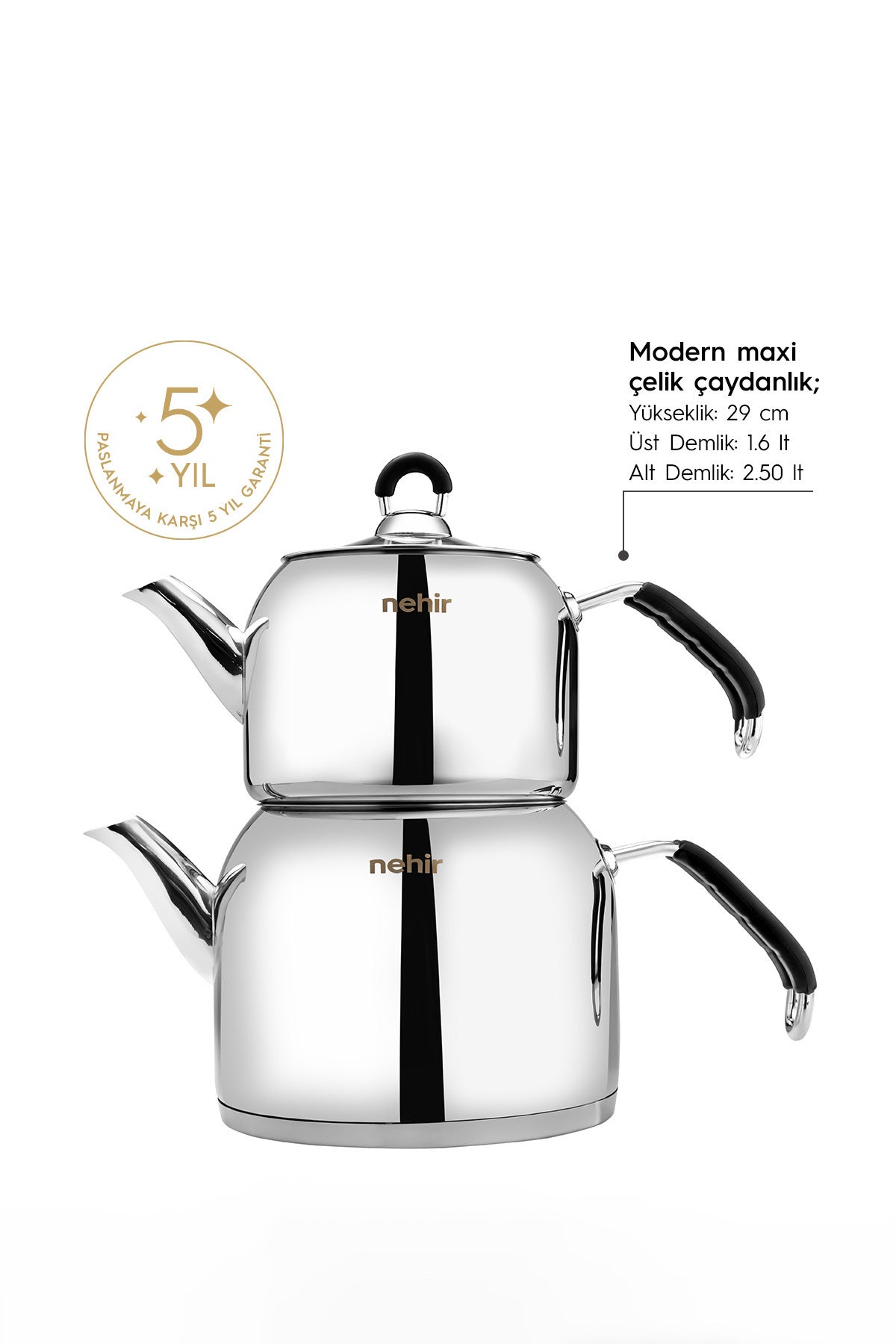 Nehir Modern Maxi Large Size Stainless Steel 1.6-2.5 Lt. Teapot Set - MALLTURK
