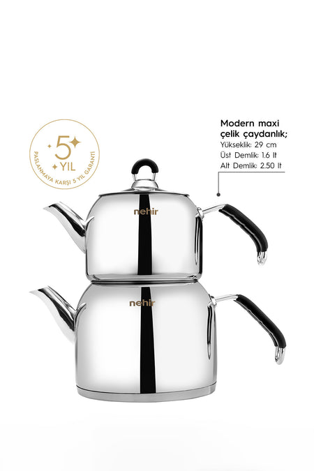 Nehir Modern Maxi Large Size Stainless Steel 1.6-2.5 Lt. Teapot Set - MALLTURK