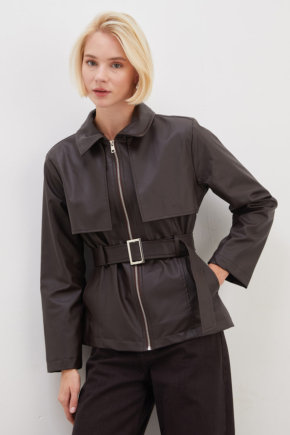 Cape Detailed Belted Faux Leather Coat