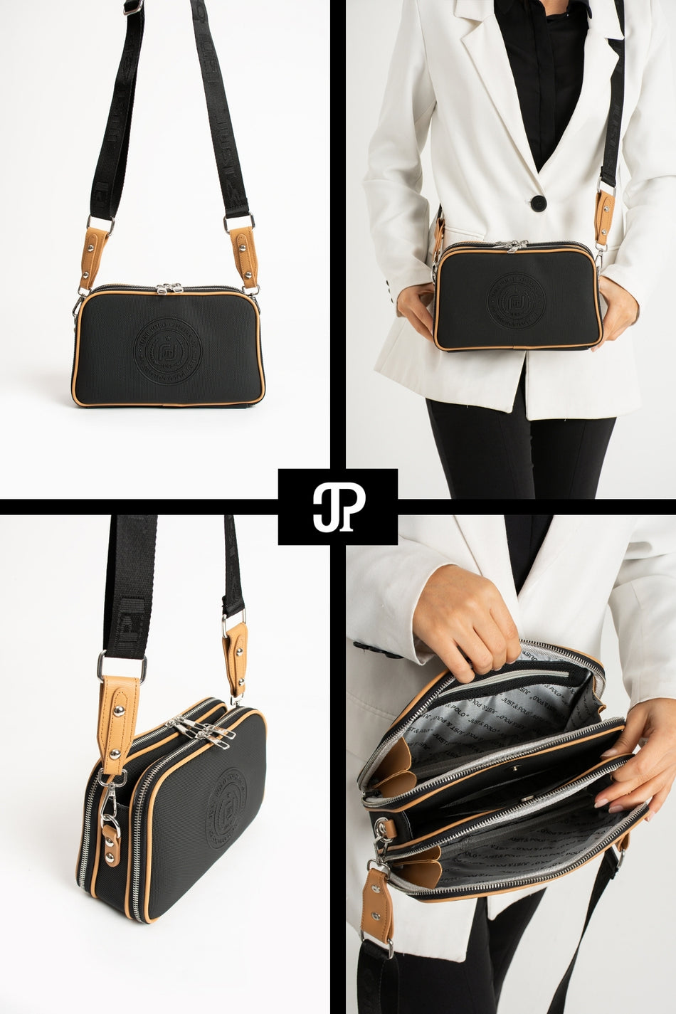 Just Polo Original Women's New Season 5-Compartment Luxury Soft Leather Black Adjustable Crossbody Shoulder Bag - MALLTURK