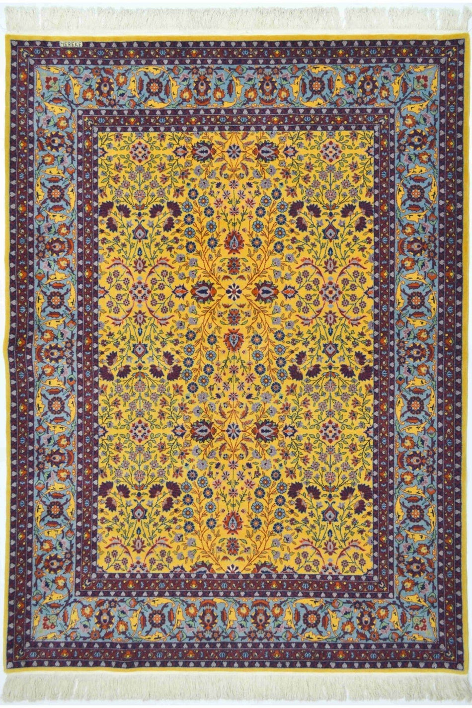 Handmade Seven Mountains Flower Patterned Yellow Traditional Handwoven Hereke Rug 151x202 cm (3.05 m²) - MALLTURK