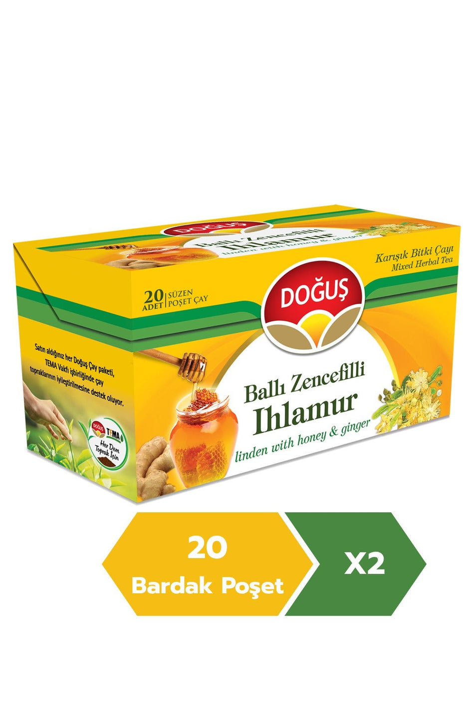 Dogus Honey, Ginger, and Linden Herbal Tea Bags, 20 Bags x 2 Units