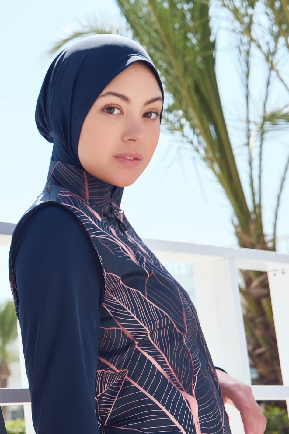 Navy Blue Full Coverage Swimsuit Top with Leaf Pattern - MALLTURK