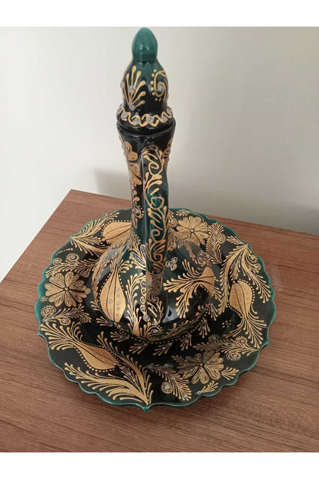 Sema Cini handmade ceramic plate with gold and silver gilded delicate vase with crested design. - MALLTURK