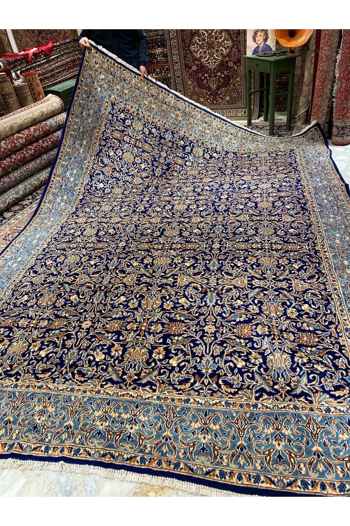 RD RAMAZAN DAG Hand Rug Art Hand-Woven Iranian Kirman Rug Cotton Base Wool Weave Olup Natural Dye Size 355x267 - MALLTURK